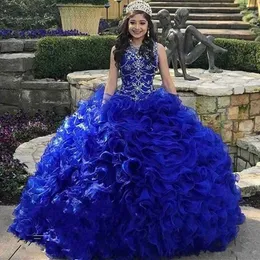 Königsblaue Quinceanera-Kleider mit Kristallperlen, ärmelloses Organza-Rüschen-Ballkleid-Abschlussballkleid 2020 für besondere Anlässe, Kleid für das 16. Jahr