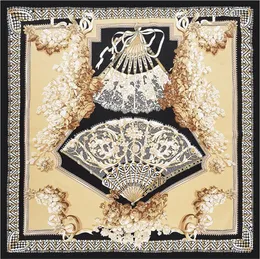 Schals Neuer Twill-Seidenschal für Damen, große Tücher, Euro-Retro-Fan-Druck, Stolen, quadratisches Bandana, modisches Kopftuch, Schal, weibliche Foulards, Strandtuch, 130 cm x 130 cm