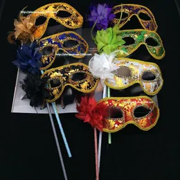 Handgjord Party Mask med Stick Bröllop Venetian Half Face Flower Mask Halloween Masquerade Princess Dance Party Mask 7 Färg WCW373