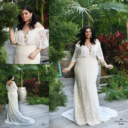 Plus Size Mermaid 2020 Wedding Dresses Full Lace Sheer V Neck Half Sleeve Bridal Gowns Wedding Dress vestido de novia