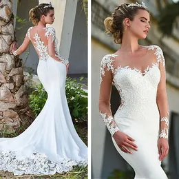Glamorous Sheer Neck Mermaid Wedding Dresses Long Sleeve Lace Appliques Bridal Gowns Illusion Backless Sweep Train Wedding Dress