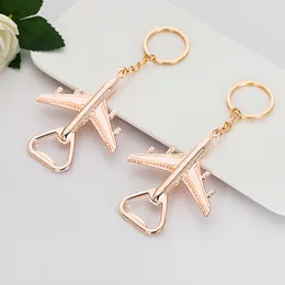 Beer Opener Key Chain Gold Color Airplane KeyChain Ring Bottle Opener Promotional Wedding Guest Favor Wholesale