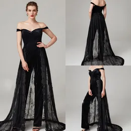 2020 Modest Elegant Jumpsuits Off Shoulder Sleeveless Evening Dresses With Detachable Lace Applique Formal Dresses Ankle Length Party Gowns
