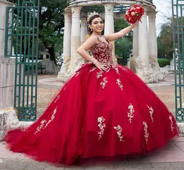 Cheap Lace Beaded Crystals Quinceanera Prom Dresses Red Backless Tulle Ball Gown Evening Party Sweet 16 Dress SY23
