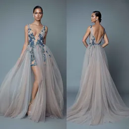 2020 Berta Abendkleider mit Überschneidungen tauchen V-Ausschnitt Backless Prom Kleid mit Appliqued Perlen bodenlange Partykleider E031