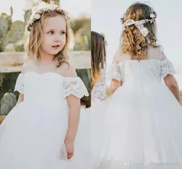 Fiore bianco piuttosto elegante fuori dalla spalla in pizzo Tulle Ball First Communione Abiti per feste di nozze abiti da ragazza