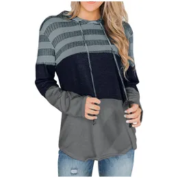 Women's Long Sleeve Striped Color Block Drawstring Hoodie Hooded Top Girls Ladies Hoody Pullovers Sweatshirts Hoodie Mujer