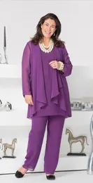 purple 2020 Mother of the Bride Pant Suits Dark Navy Three Pieces Chiffon Long Sleeve Jacket Pants Suit Plus Size Wedding Guest Dress