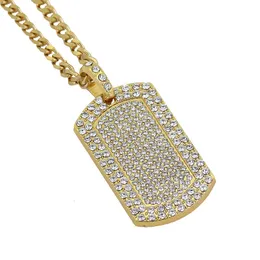 Fashion-Hip Hop Halsband Smycken Full Rhinestone Iced Out Dog Tag Pendant Gold Halsband för män