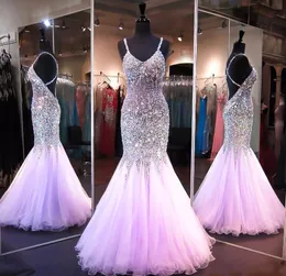 Coral Mermaid Style Party Dresses Blingbling Pärled Crystal Long Pageant Dresses Crisscross Back Corset Prom Gowns