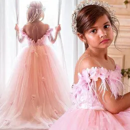 Księżniczka Kwiat Girl Sukienki na Wesela Sheer Neck Handmade Flowers Girls Pageant Dress Puffy Pink Kids Birthday Party Suknie