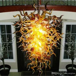 Märke Amber Colored Lampor Inomhus Dekor Hand Blow Murano Ljuskrona, Hotell Gellary Art Golden Glass Pendant Lights