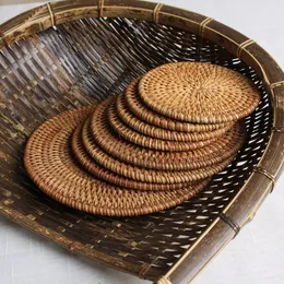 Rattan Kupası Altlıkları Seti Pot Pad Masa Mat 6 Boyutları Porta Copos Placemats Ev Dekorasyon Vintage Bambu El Yapımı Promosyon