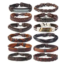 Genuine Leather Wrap Bracelets Multilayer Charm Bangles Fashion Men Cuff Adjustable Cross Easter Vintage Jewelry Braided Wristband for Women