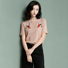 Heavy Crane European Style Embroidery Loose Beads Song Pink Round Neck Short Sleeve T-shirt Women's Summer New Sweater