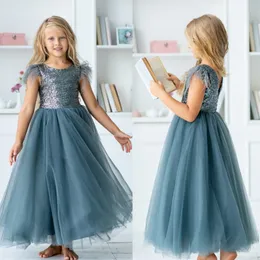 Sparkly Feather Sequined Flower Girl Dresses For Wedding Covered Buttons Back Toddler Pageant Gowns Ankle Length Tulle Kids Prom Dress 415