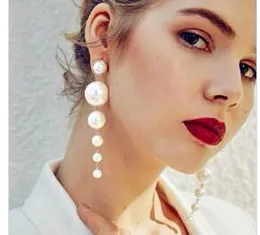 Fashion Elegant Long Pearl Dangle Earrings Created Large Simulated Pearl Chain Earrings for Brides Bridesmaids Wedding Party Jewelry WY109