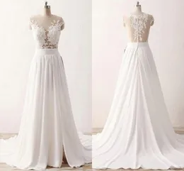 2019 Fashion Chiffon Beach Bröllopsklänningar Sheer Cap Sleeve Se även Top Side Split Lace Applique Bridal Gowns Party for Bride Country