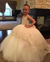 New Ivory Princess Flower Girls Dresses Weddings Spaghetti Straps Lace Appliques Crystal Beaded Big Bow Birthday Children Girl Pageant Gowns