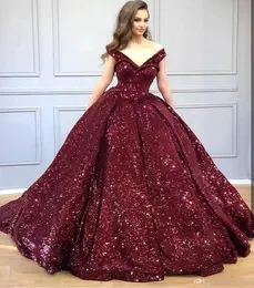 부르고뉴 숄더 볼 가운 Quinceanera 드레스 V 넥 스위트 16 드레스 스팽글 이브닝 파티 드레스 Vestidos de Quinceaña