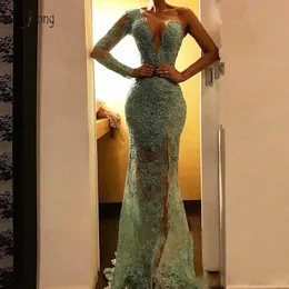 2019 Sexy Illusion Mermaid Prom Dresses Long Sleeve One Shoulder Lace Appliques High Slit Evening Dress Robe de soiree Gala jurken