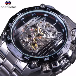 Forsining Militäruhr Sport Design Automatik Transparent Silber Edelstahl Skelett Herren Mechanische Uhren Top-Marke Luxus