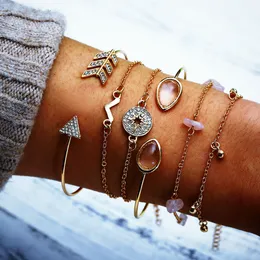 S1362 Hot Fashion Jewelry 6pcs Bracelet Set Arrow Diamond Water Drop Compass Broken Pine Stone V Bangle Chain Bracelet