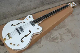 Fabryka na zamówienie biała 4-strunowa pół-pusta elektryczna gitara basowa ze złotym wiązaniem, podstrunnica z palisandru, złoty sprzęt, oferta dostosowana