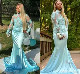 Wysoka szyja Teal Mermaid Prom Dresses z długim rękawem Sweep Pociąg Aplikacje Koraliki Illusion Bodice Długie Formalne Wieczorowe Party Suknie 2019 Tanie