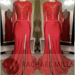 Красные новые вечерние платья русалки кружева Applique с длинными рукавами Высокая сторона сплит без спинки формальные платья элегантный Yousef Aljasm