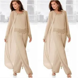 Champagne Three-Pieces Mother Suits with Long Jackets Long Sleeves Beaded Chiffon Mother's Pants Mother's Formal Wear