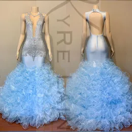 Abiti da ballo senza schienale a sirena con perline di lusso Abiti da sera con paillettes con scollo a V profondo Sweep Train Ruffles Organza Abito formale