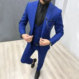 Handsome Royal Blue Mens Suits Slim Fit Bröllop Grooms Tuxedos Peaked Lapel Formell Blazer Custom Made Prom Suit (Jacket + Pants + Vest)