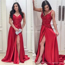 Elegant Dubai Arabic High Side Split A Line Prom Dresses Deep V-Neck Appliciques Sequin Sweep Train Formal Dress Abendkleider Vestidos