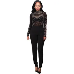 Wholesale- Jumpsuits For Sexy Bodysuit Women 2016 Sexy See Through Women Black Mesh Jumpsuit Long Sleeve Party Sequined Bodycon Calvn Woman