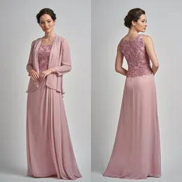 A Line Jasmine Mother of The Bride Dress Jewel Neck Sleeveless Applique Two Pieces Chiffon Wedding Guest Dresss Floor Length Evening Gown