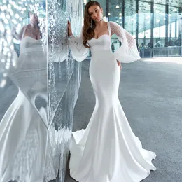 Fashion Mermaid Wedding Dresses With Long Sleeves Strapless Neck Bridal Gowns Sweep Train Satin Trumpet robe de mariée