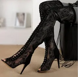 Hot Sale-Factory Feminina Suede Peep Toe Thigh High Knight Boots Zip Tun High Heel Lace Up Over Knee Long Botas Skor