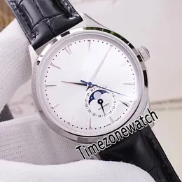 マスター超薄型 Q1368420 自動メンズ腕時計スチールケースシルバーダイヤルリアルムーンフェイズスティックマーカーブラウンレザーストラップ Timezonewatch E69b2
