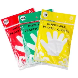 Plast Engångshandske Matkvalitet Vattentät Transparenta handskar Hem Rengör Handskar Färgrik Förpackning 100PCS = 1Set Köksredskap