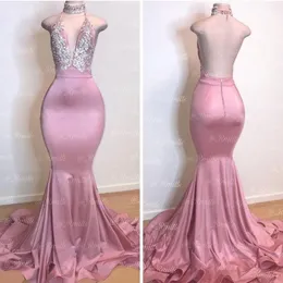 Sparkle Pink Sequined Mermaid Prom Dresses Long Sexy Halter Neck golvlängd Beaded Crystals aftonklänningar Formella klädfestklänningar