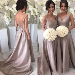 2020 Satin A Line Wedding Guest Dresses V Neck Open Back Plus Size Bridesmaid Dresses Sweep Train Formal Maid Of Honor Gowns AL4698