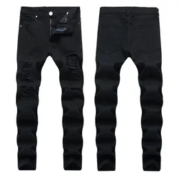 Męskie dżinsy Męskie High Street Style Biker Hole Distressed Z Zameknik Slim Fit Denim Casual Spodnie Spodnie Azji Rozmiar