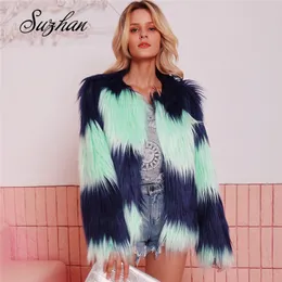 Suzhan Moda Furry Faux Pele Casaco Mulheres Fluffy Morno Manga Longa Feminina Outerwear Outono Casaco De Inverno Casaco De Casaco Colar Sem Colar