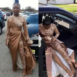 Champagne Gold Jumpsuit Evening Train High Neck Lace Stain Long Sleeve African Celebrity Formal Prom Dresses With Pant