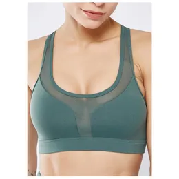 Women Paded Comfortable Gym Fitness Shockproof High Elastic Soft Yoga Bra Horizontal Mesh Splicing Back Pocket Sports Underwear