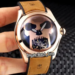 New Bubble Rose Gold Case L390/03694 Skull Totem Dial Tourbillon Automatic Mens Watch Fisheye Glass Brown Leather Sport Watches Watch_zone