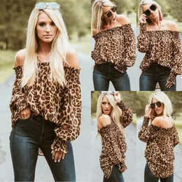 Nowe Mody Kobiety Enchant Leopard Drukuj Długie Rękaw Off Ramię Casual Koszula Bluzka Ruched T-Surts Tops