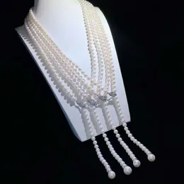 손 매듭 100cm 8-9mm 흰색 거의 둥근 담수 진주 기질 마이크로 인레이 지르콘 목걸이 패션 보석