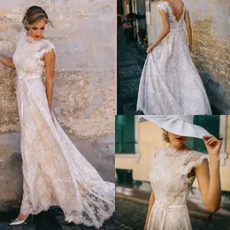 Vintage Champagne Lace Bohemian Wedding Dress A Line Cap Sleeve Sexig Backless Bridal Gown Sweep Train Vestidos de Novia 2020
